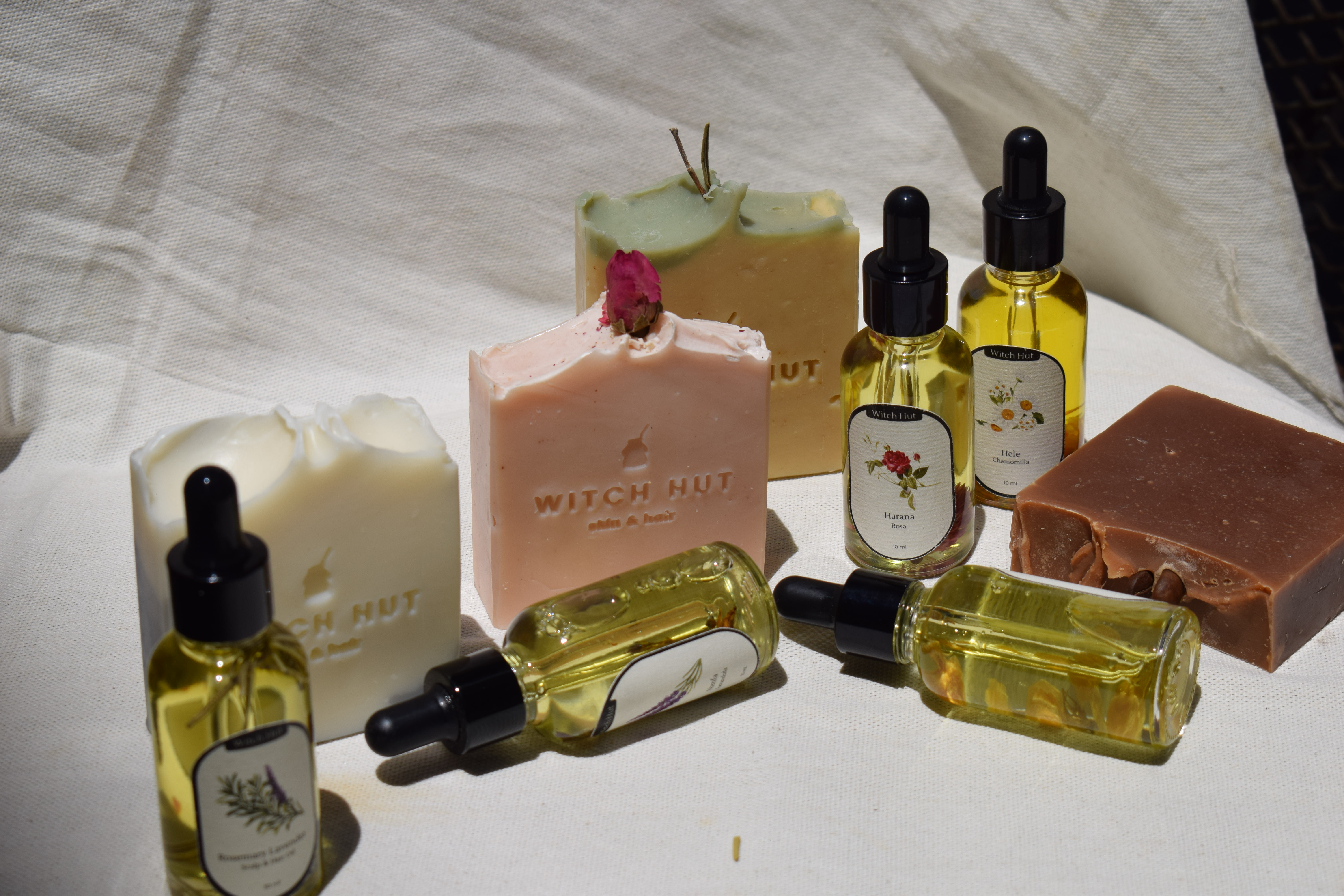 Products arranged on white cloth